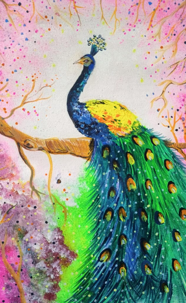 my first acrylic painting experience featuring a colorful peacock on canvas