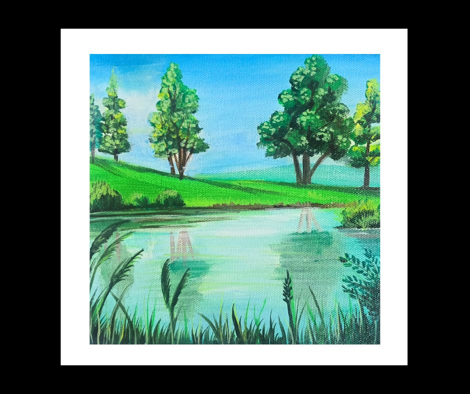 Nature landscape painting with trees, green hills and water reflection